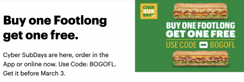 Subway Canada Promotions: Buy One Footlong, Get One FREE Online or in the App